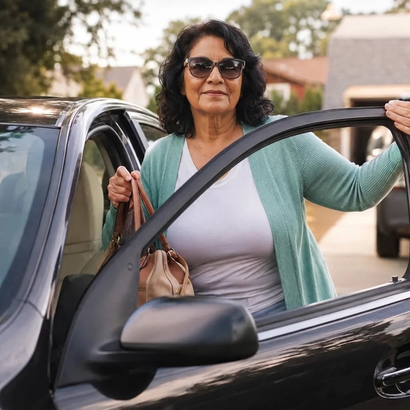Mujer bajando de su coche