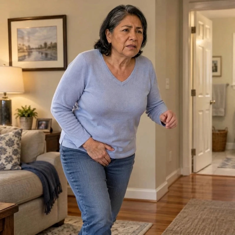 Mujer apurada camino al baño